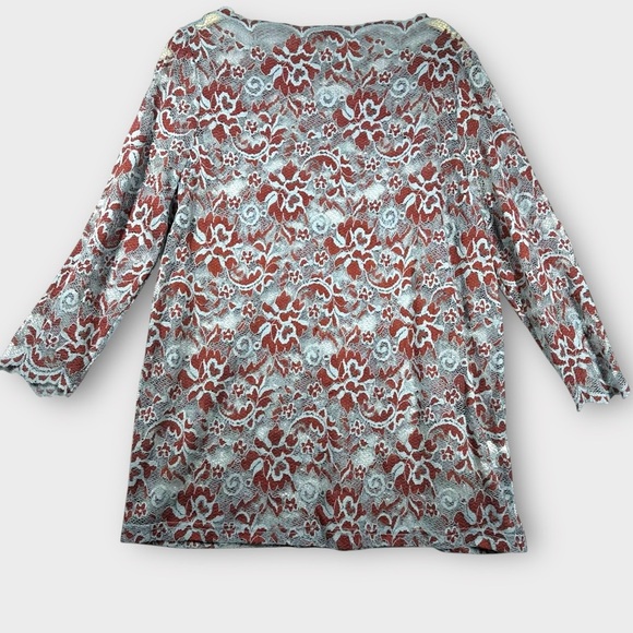 GANNI Lace Blouse Top Women's 40 US 8/10 M Teal Rust Floral Sheer Long‎ Sleeve - Picture 1 of 8